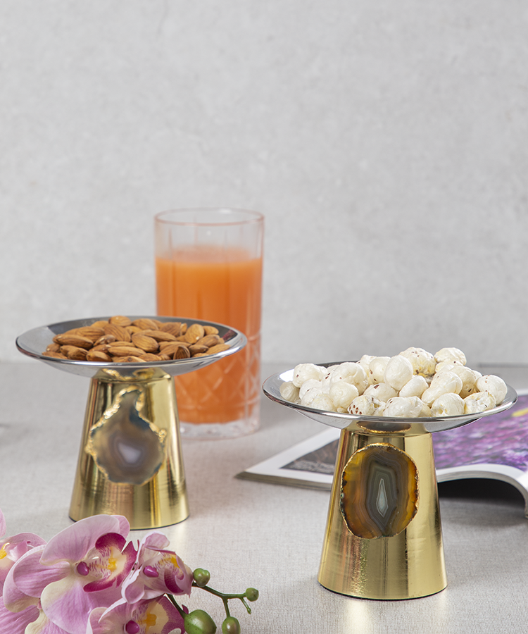 Stainless Steel Platters /Bowls With Brown Agate Stone-Set of 2