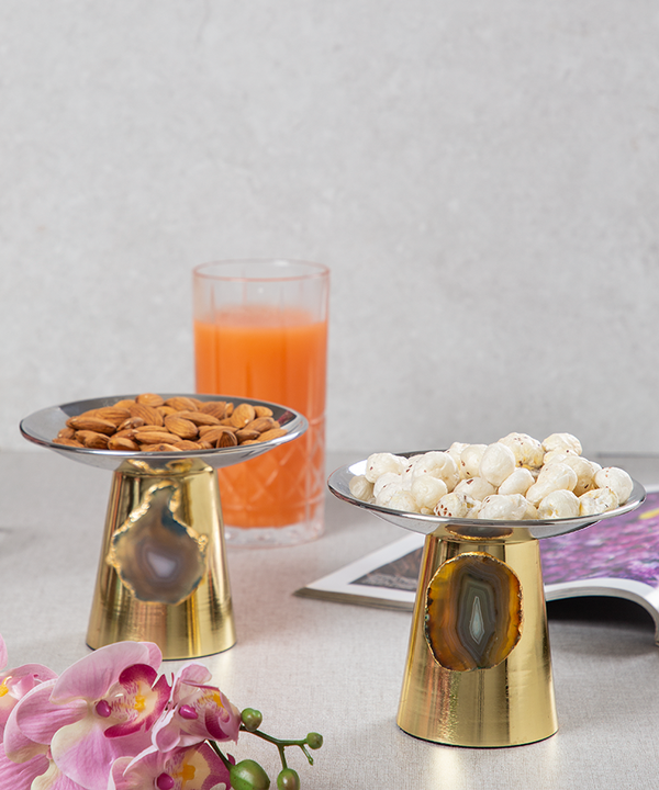 Stainless Steel Platters /Bowls With Brown Agate Stone-Set of 2