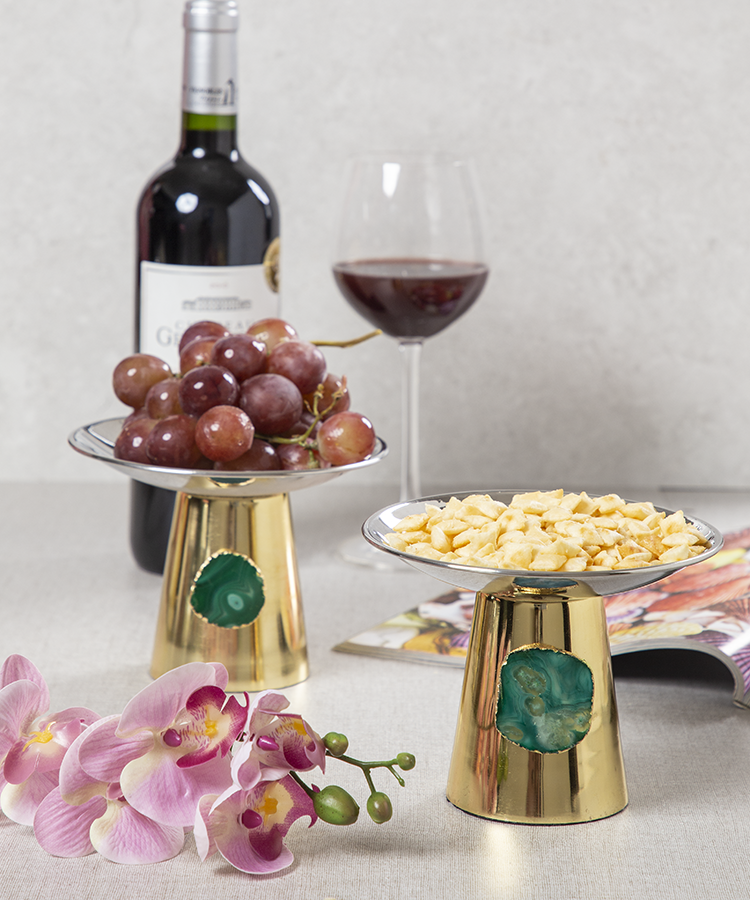 Stainless Steel Platters /Bowls With Green Agate Stone-Set of 2