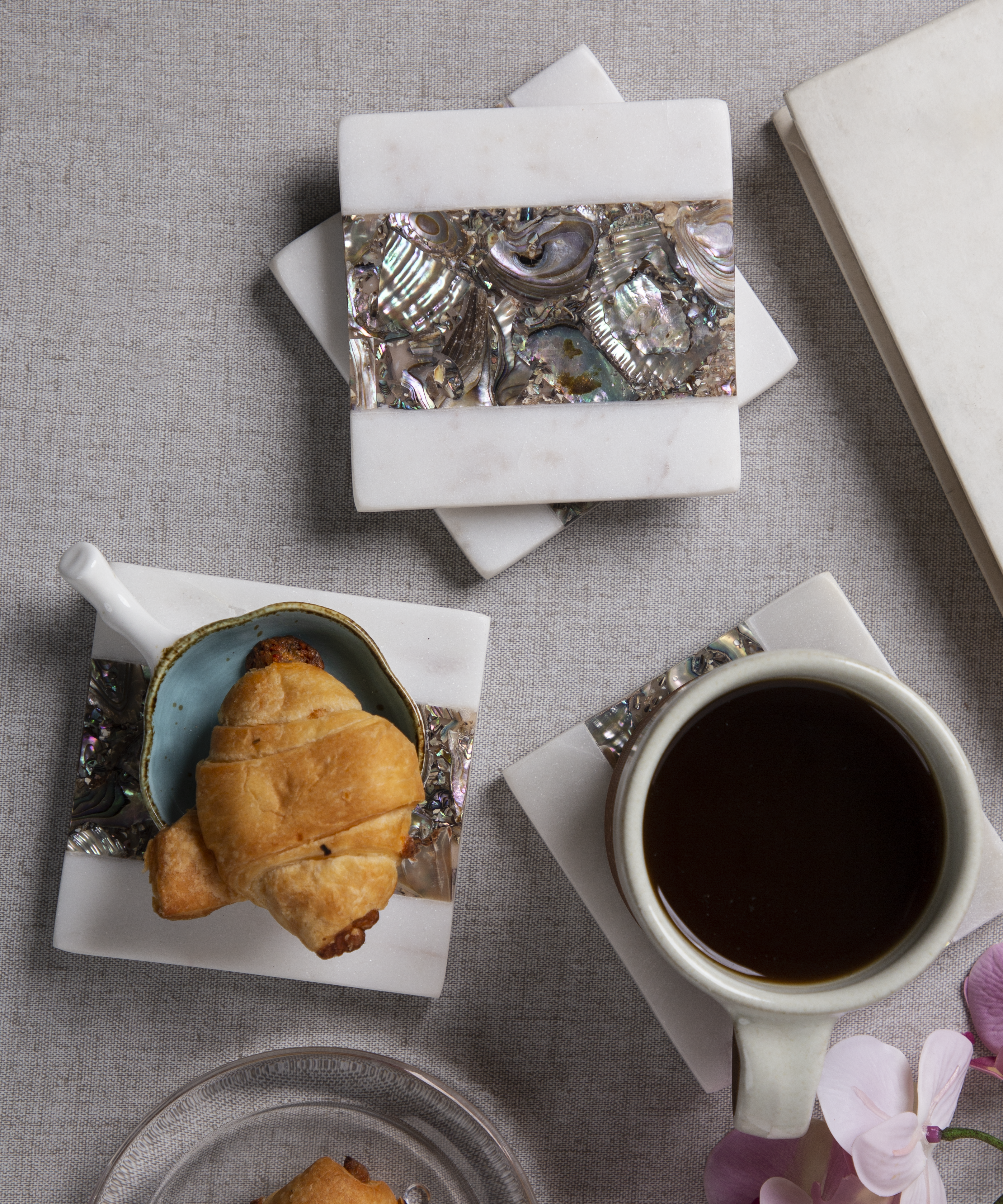 White Marble Square Coasters With Rainbow Mother Of Pearl (Set Of 4)