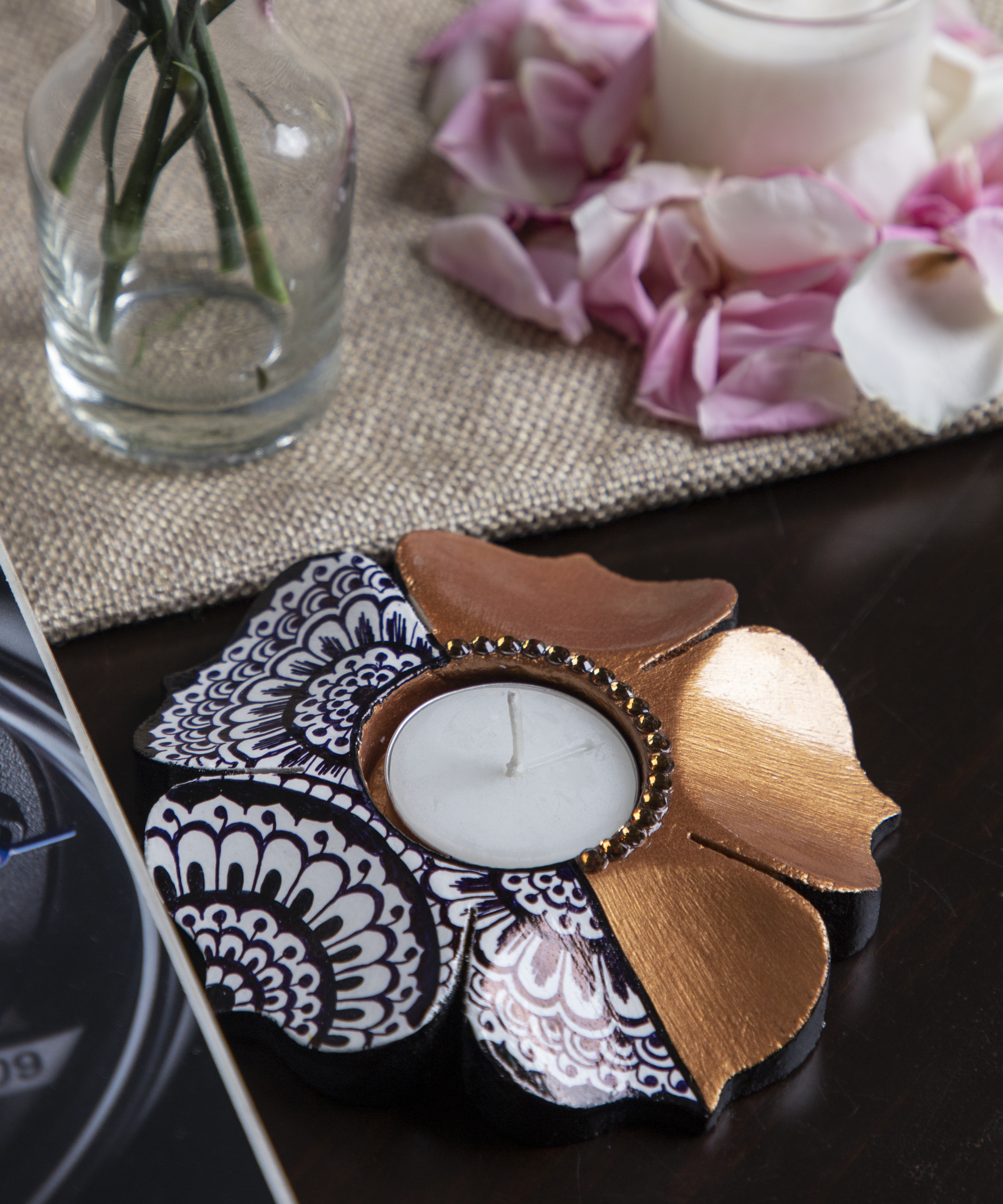 Wooden Lotus Mandala Hand Painted and Gold Petals Candle Holder