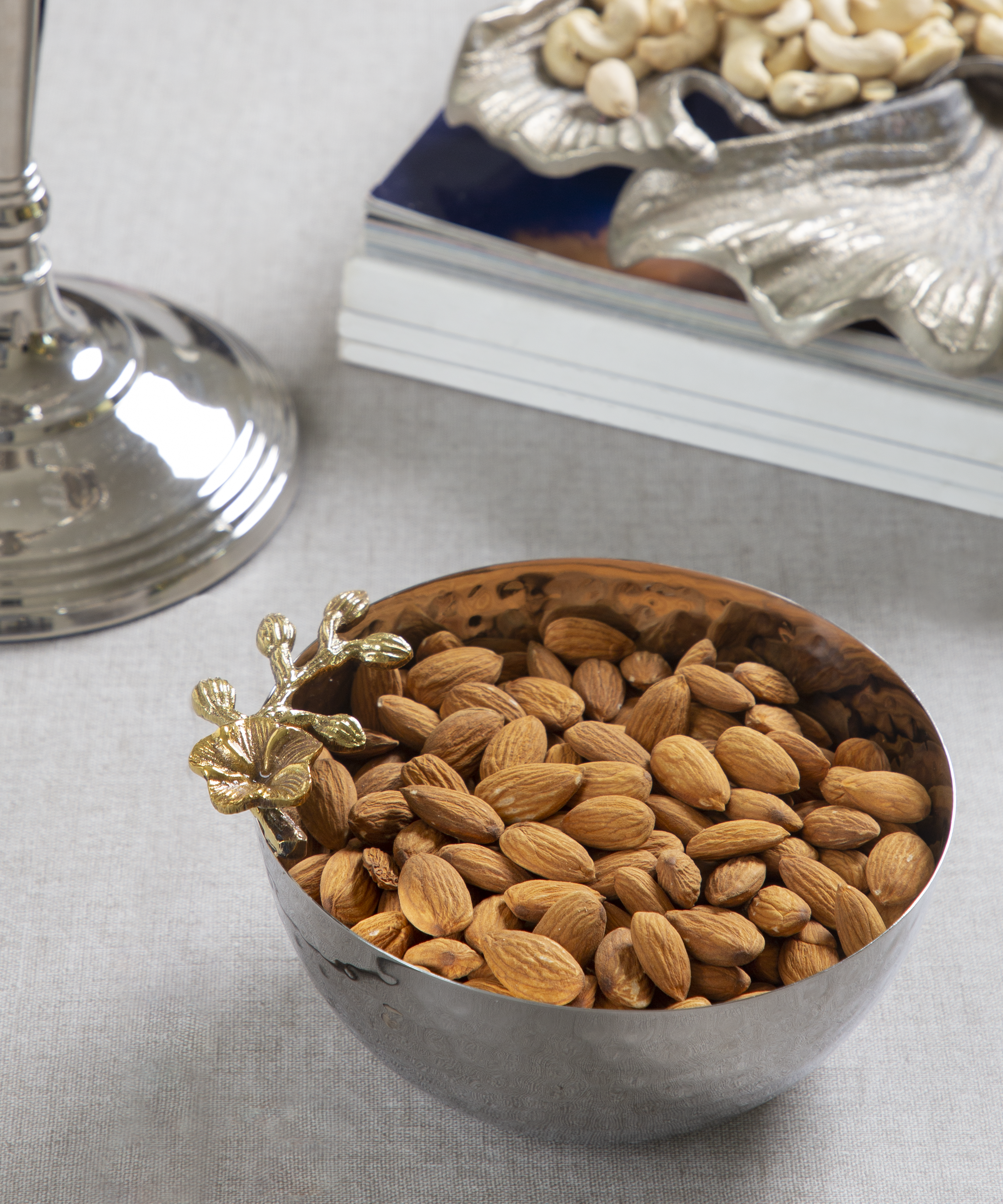 Silver Hammered Snack Bowl With Gold Flower With Stem On Edge