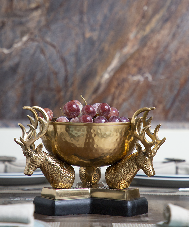 Brass Serving Bowl On Deer Horns