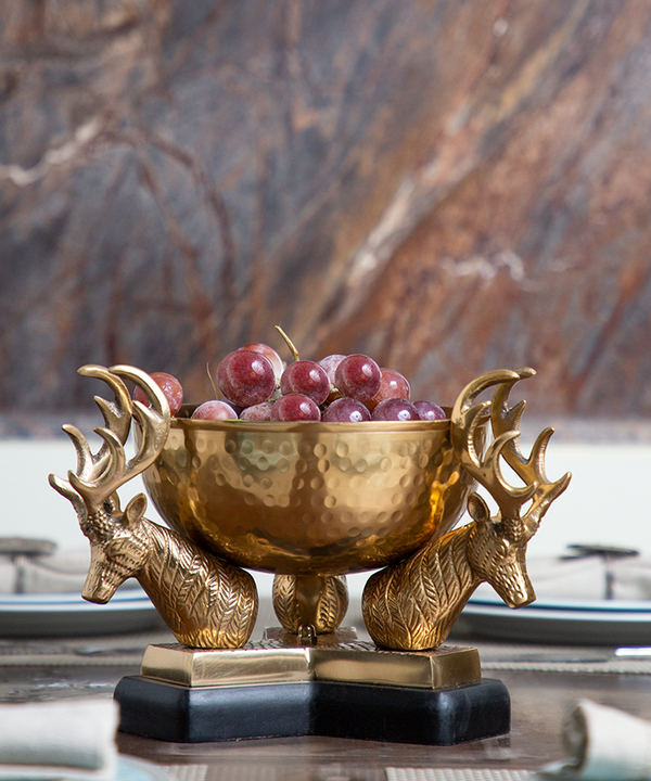 Brass Serving Bowl On Deer Horns