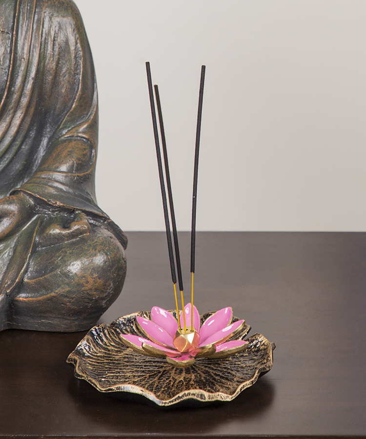 Pink Enamel Brass Lotus On Leaf Incense Holder