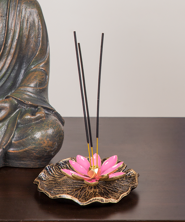 Pink Enamel Brass Lotus On Leaf Incense Holder