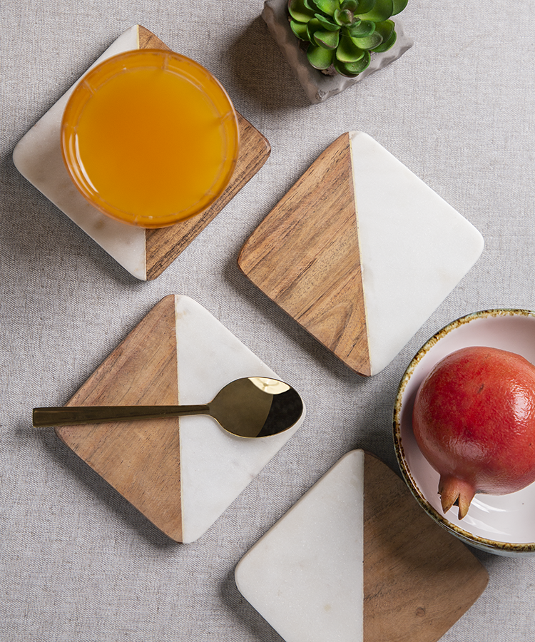 Square Coasters Diagonal Design Half Marble Half Wood - Set Of 4
