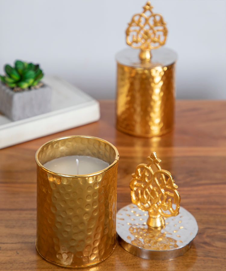 Candle Holder Jar with Crown in Gold and Silver Hammered Finish.