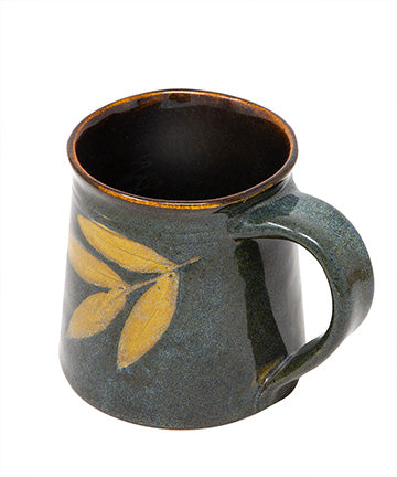 Studio Pottery Handcarved and Handglazed Deep Olive Glazed with Leaf Motif Ceramic Mug (350ML Microwave & Dishwasher Safe)