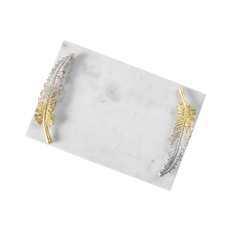 Leaf Handle Gold Silver Decorative Tray on White Marble
