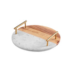 Half Wood Half White Marble Fusion Tray With Gold Finish Handles