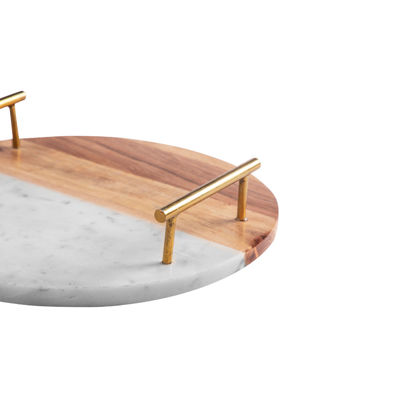 Half Wood Half White Marble Fusion Tray With Gold Finish Handles
