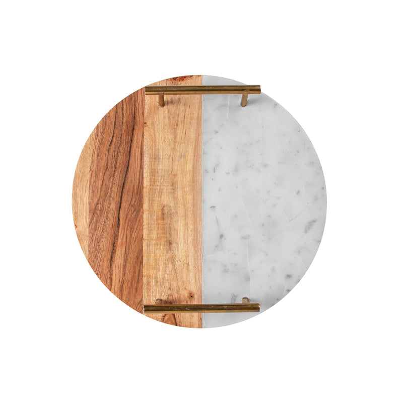 Half Wood Half White Marble Fusion Tray With Gold Finish Handles