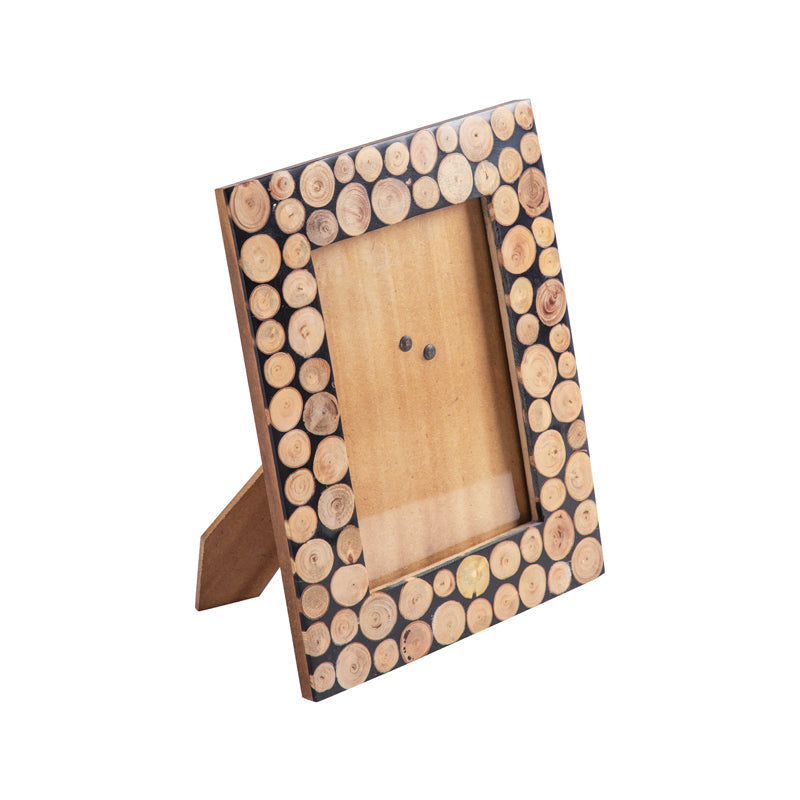 Handcrafted Circular Natural Wood in Black Resin Tabletop Photoframe