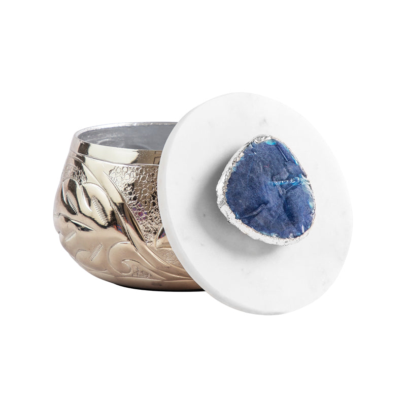 Etched Large Jar in Silver Finish With Marble Lid and Blue Agate Stone Embellishment