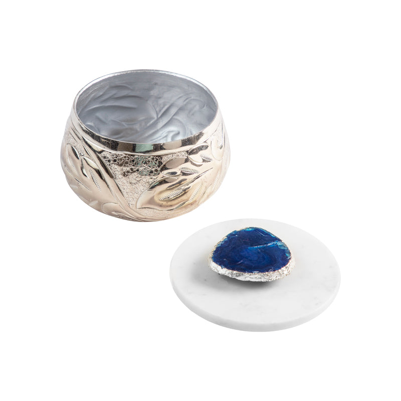 Etched Large Jar in Silver Finish With Marble Lid and Blue Agate Stone Embellishment