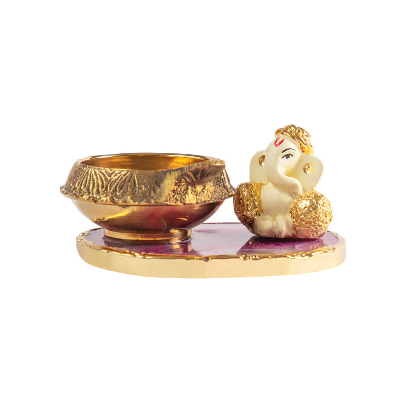 Ganesha with Diya on Semi Precious Agate Stone Base