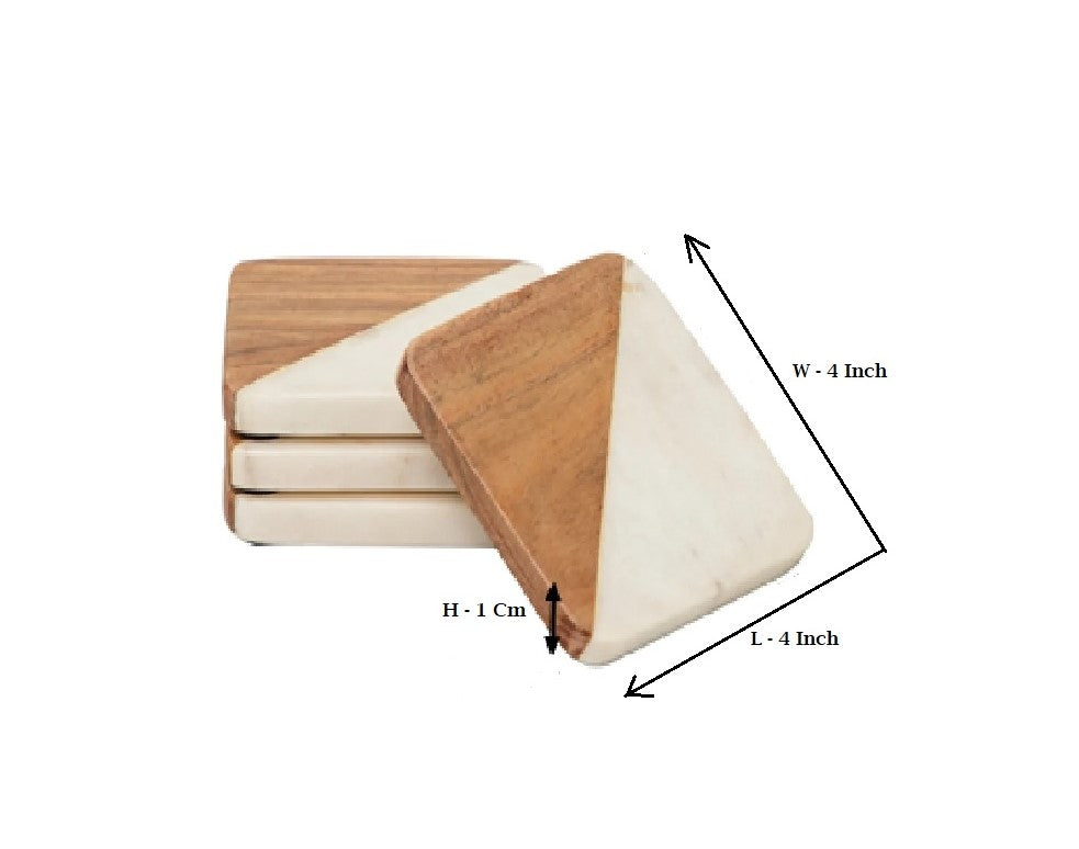 Square Coasters Diagonal Design Half Marble Half Wood - Set Of 4