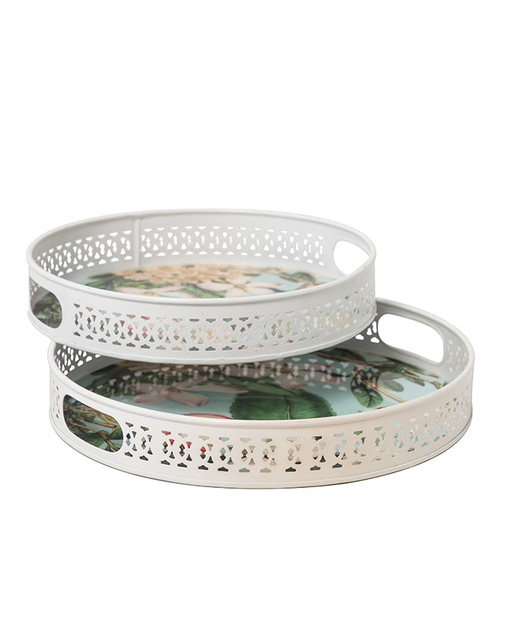 Tropical Floral White Metal Trays - Set Of 2