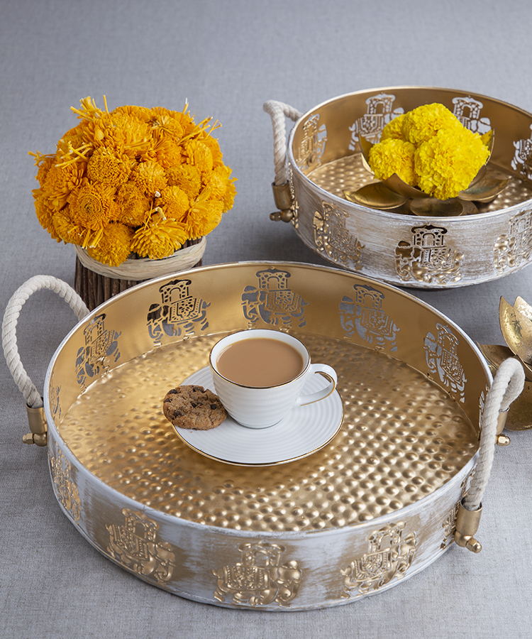 Gold & White Round Elephant Trays Set Of Two