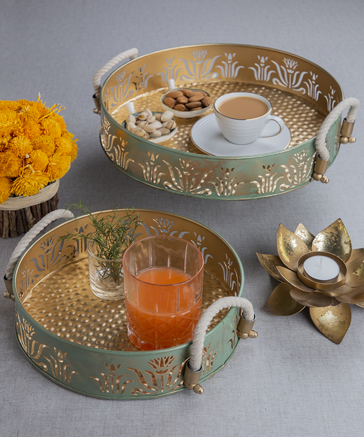 Green & Gold Round Lotus Trays - Set Of 2
