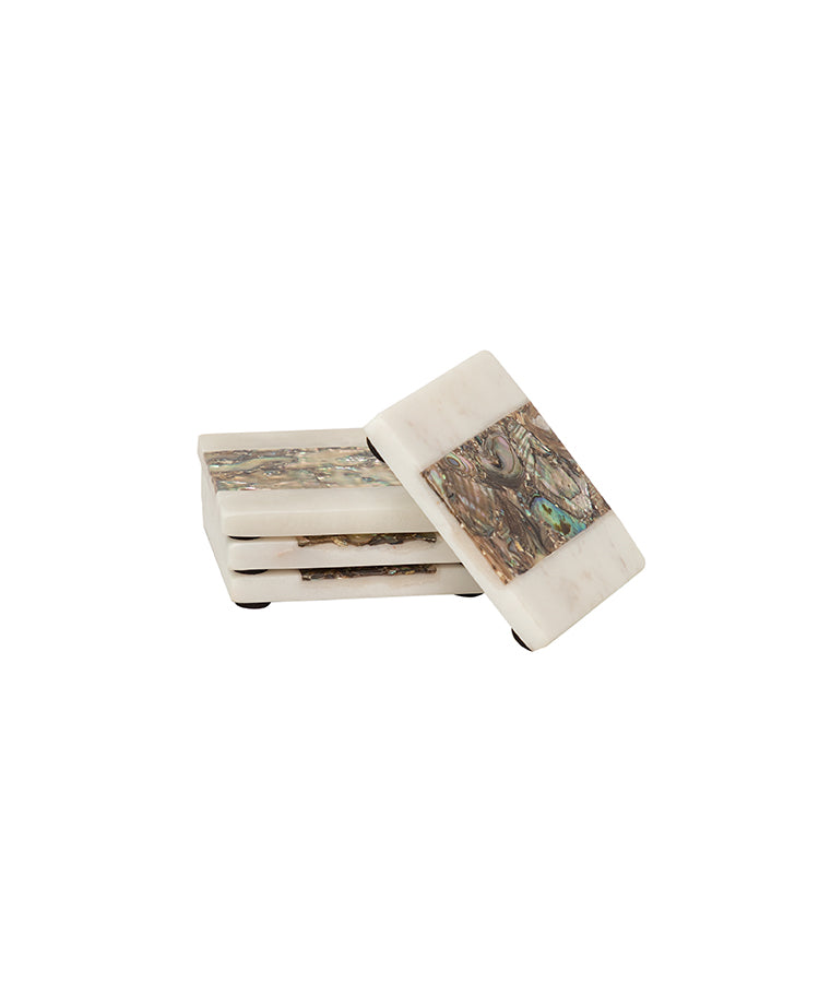 White Marble Square Coasters With Rainbow Mother Of Pearl (Set Of 4)