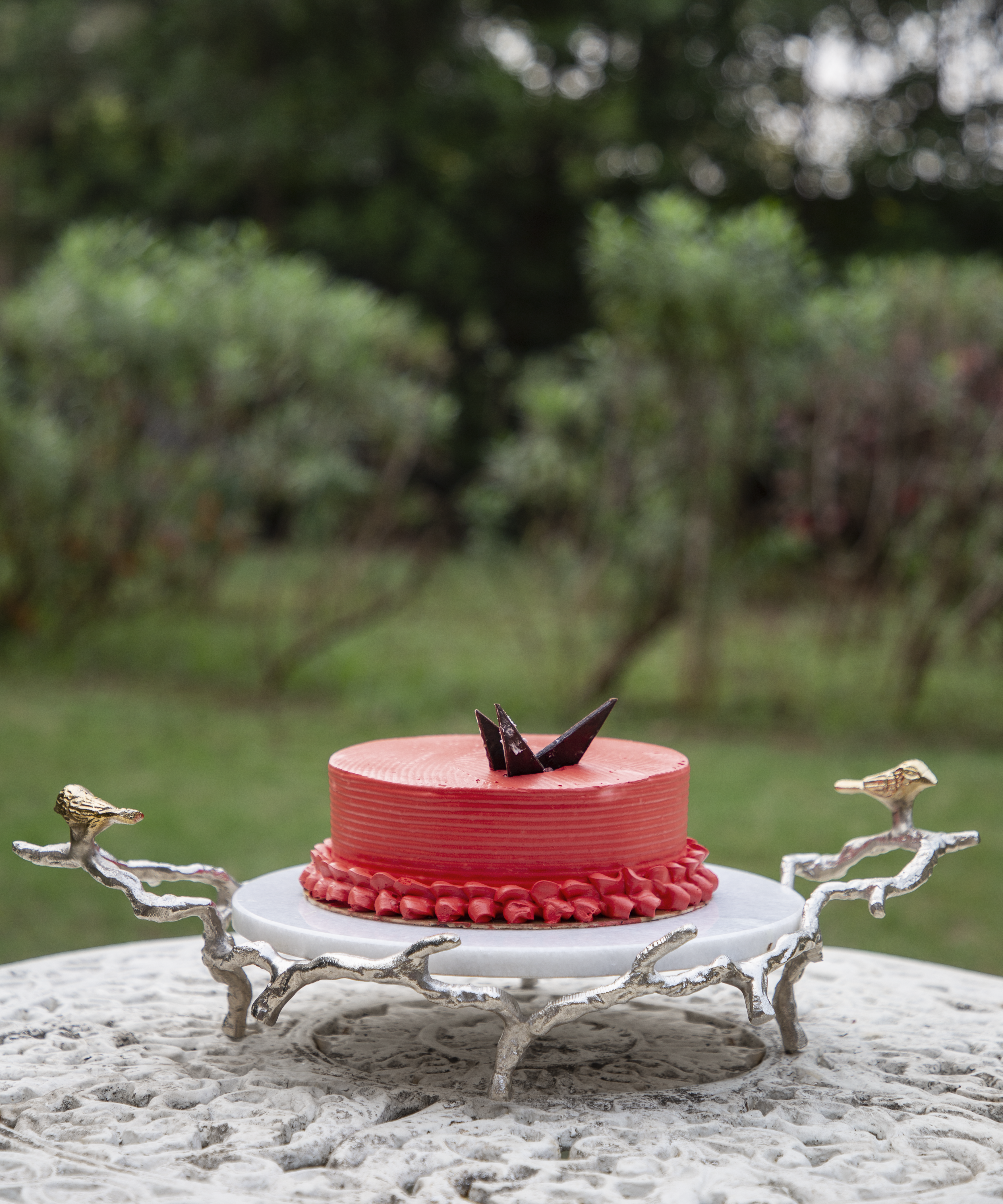 White Marble Platter On Silver Birds Branch Stand