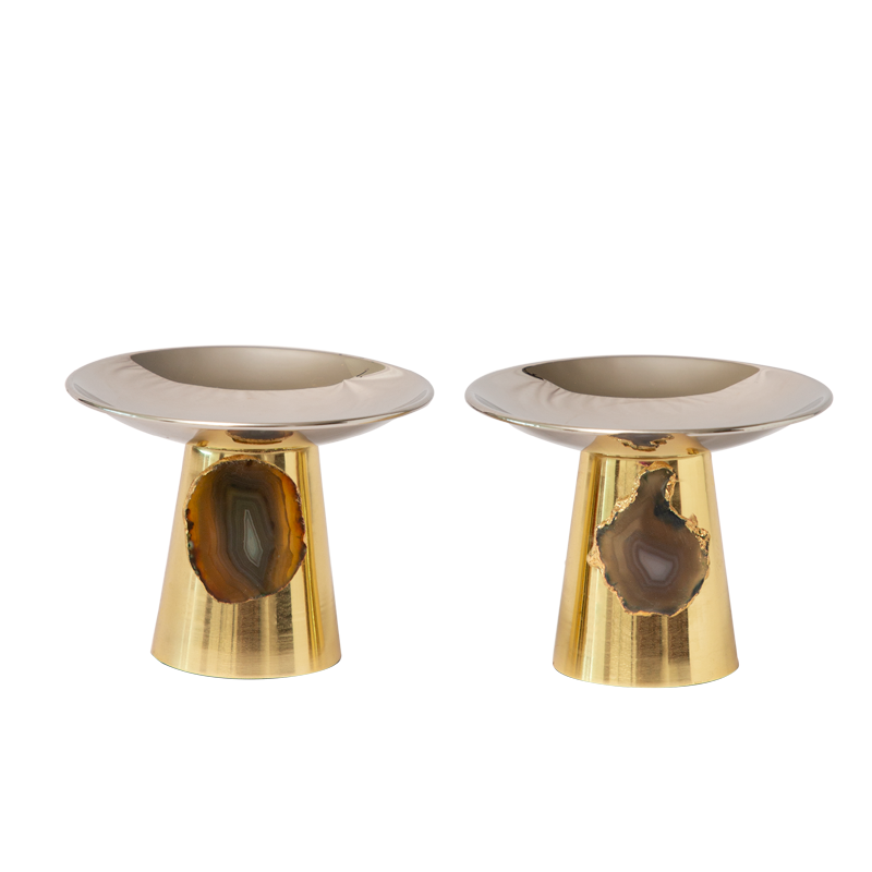 Stainless Steel Platters /Bowls With Brown Agate Stone-Set of 2