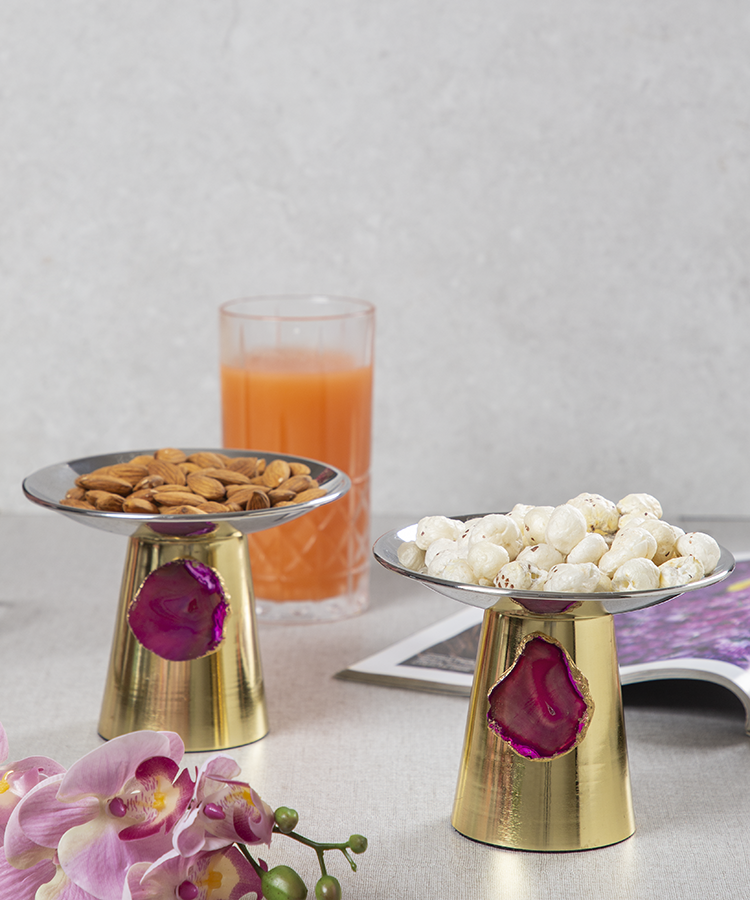Stainless Steel Platters /Bowls With Pink Agate Stone -Set Of 2