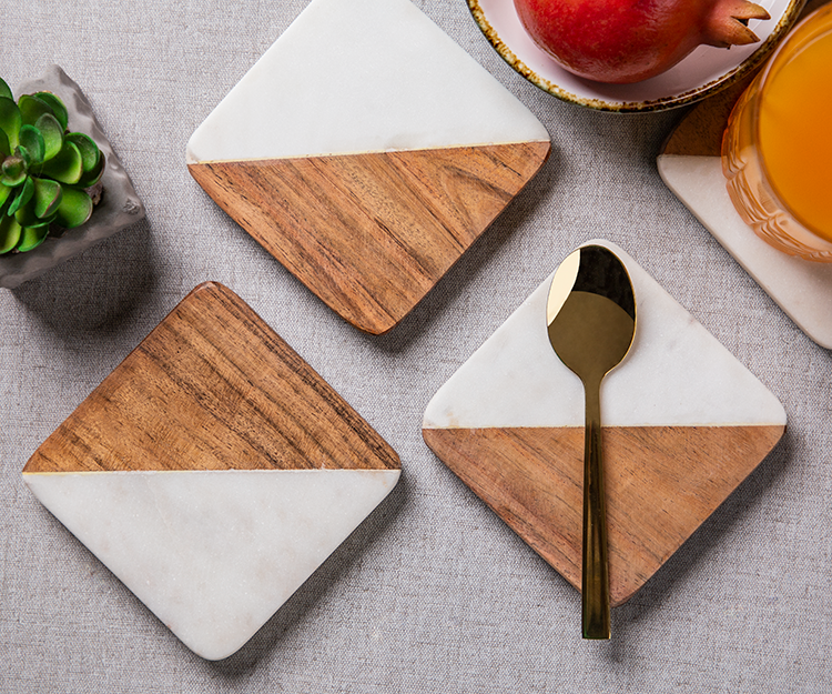 Square Coasters Diagonal Design Half Marble Half Wood - Set Of 4