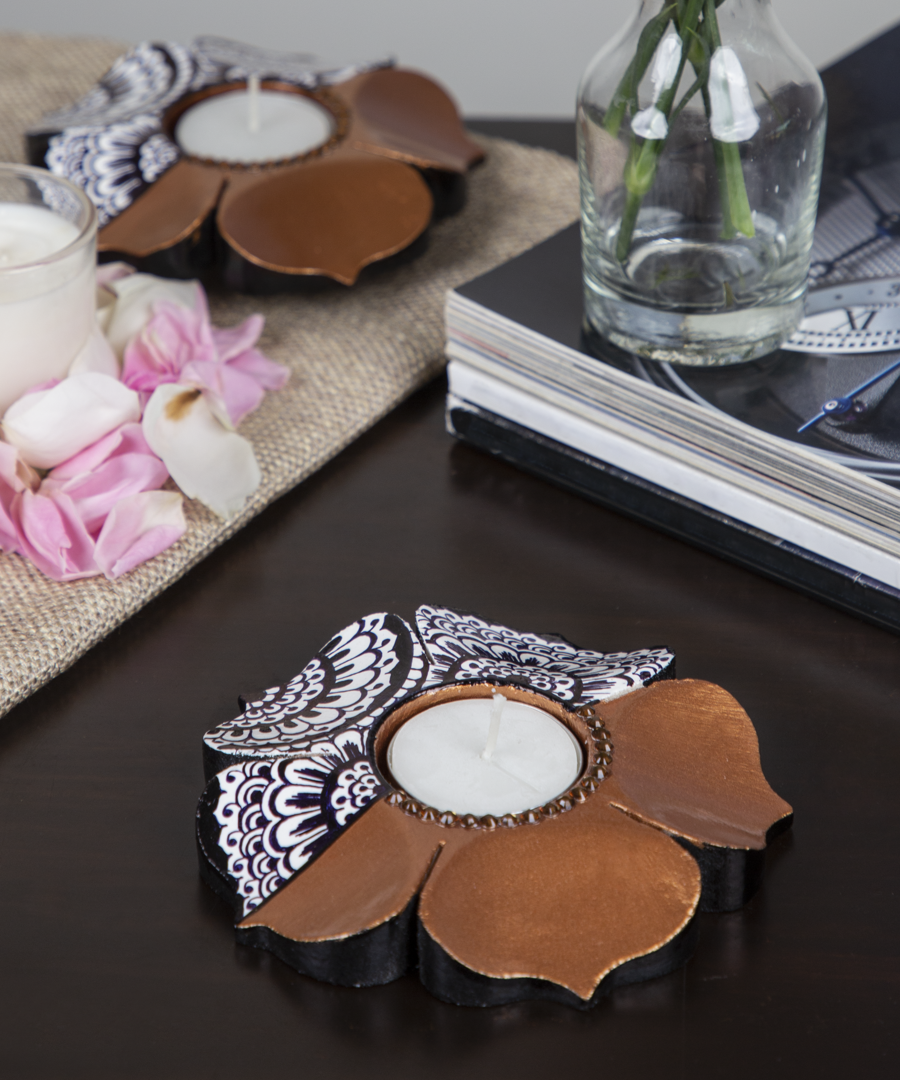 Wooden Lotus Mandala Hand Painted and Gold Petals Candle Holder