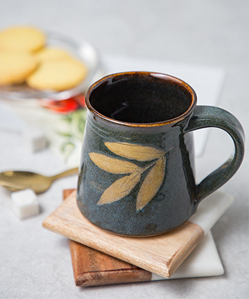 Studio Pottery Handcarved and Handglazed Deep Olive Glazed with Leaf Motif Ceramic Mug (350ML Microwave & Dishwasher Safe)