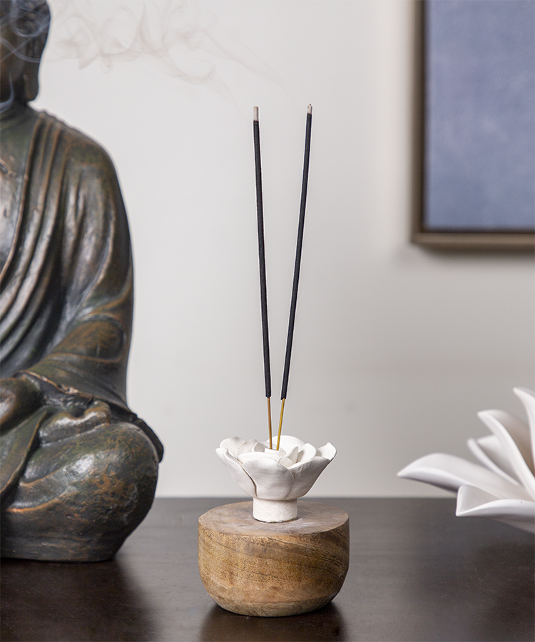 Terracotta White Rose with Wooden Base Incense Holder