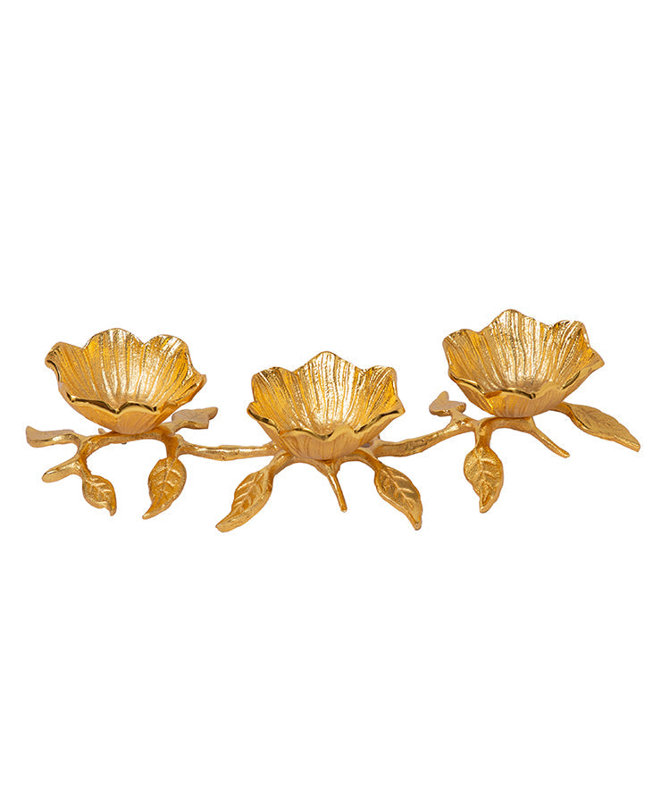 Gold 3 Flower Snack Bowl On Stem With Leaves