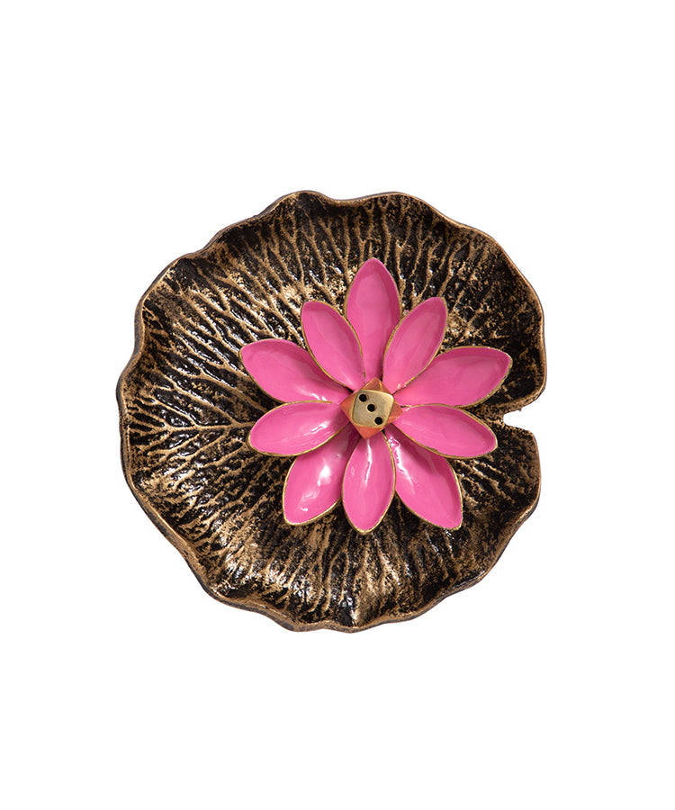 Pink Enamel Brass Lotus On Leaf Incense Holder