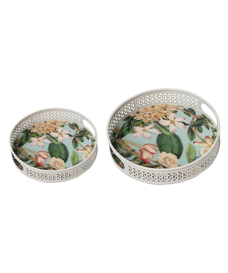 Tropical Floral White Metal Trays - Set Of 2