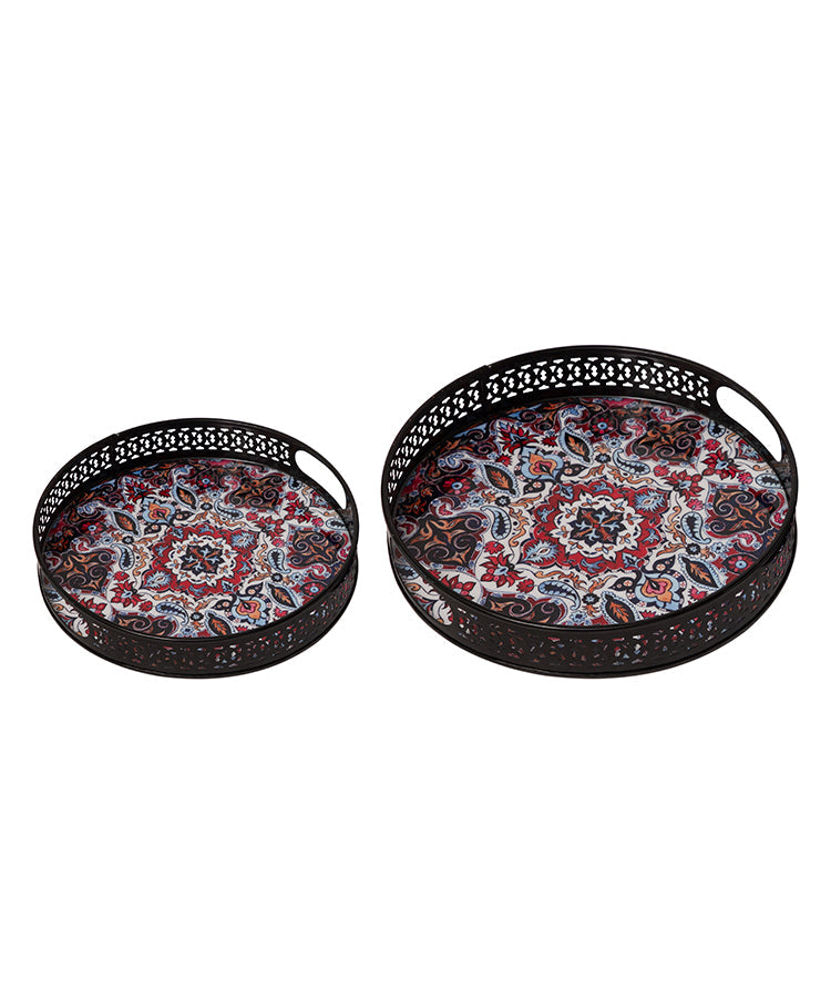 Metal Black Tray With Moroccan Multi-Coloured Design-Set Of 2