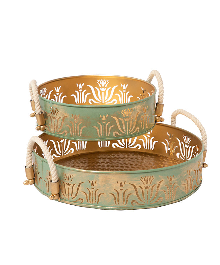 Green & Gold Round Lotus Trays - Set Of 2