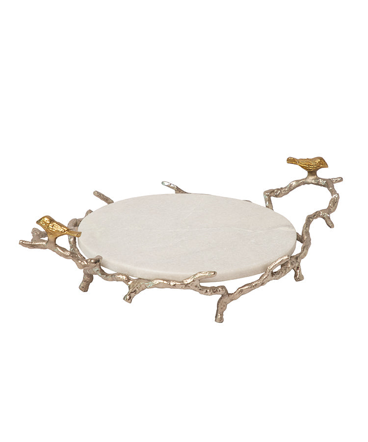 White Marble Platter On Silver Birds Branch Stand