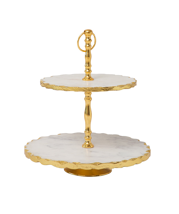 White Marble 2 Tier Dessert Stand With Gold Foiling