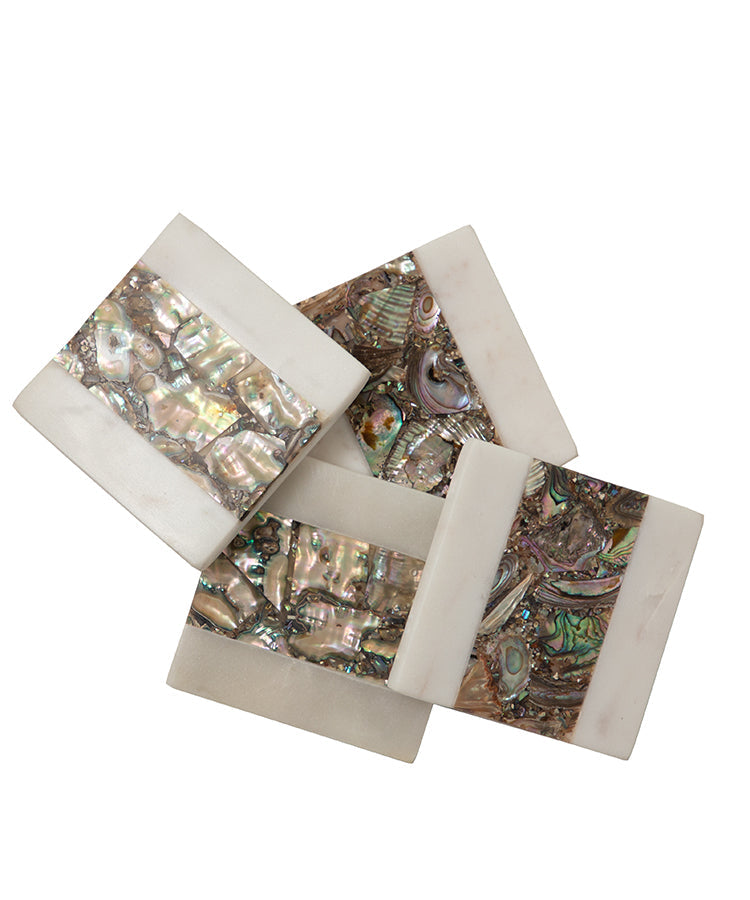 White Marble Square Coasters With Rainbow Mother Of Pearl (Set Of 4)