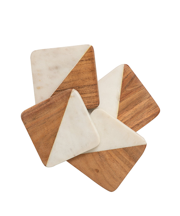 Square Coasters Diagonal Design Half Marble Half Wood - Set Of 4
