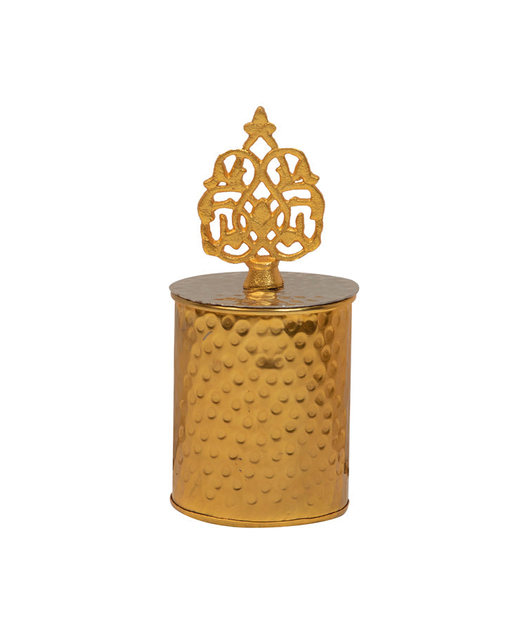 Candle Holder Jar with Crown in Gold and Silver Hammered Finish.