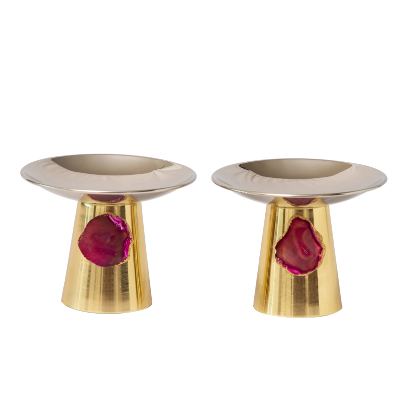 Stainless Steel Platters /Bowls With Pink Agate Stone -Set Of 2