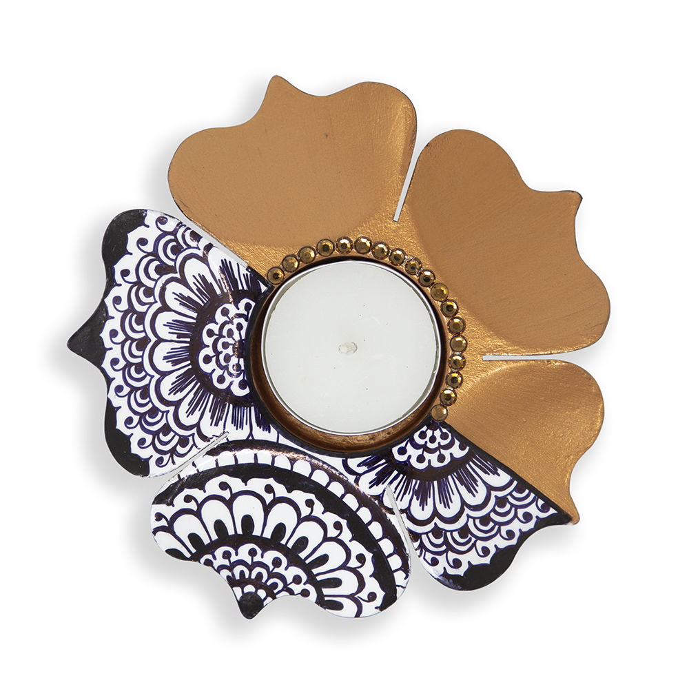 Wooden Lotus Mandala Hand Painted and Gold Petals Candle Holder