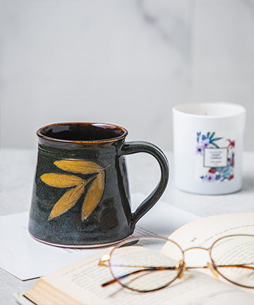 Studio Pottery Handcarved and Handglazed Deep Olive Glazed with Leaf Motif Ceramic Mug (350ML Microwave & Dishwasher Safe)