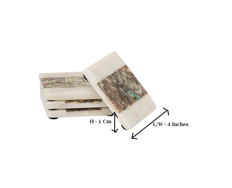White Marble Square Coasters With Rainbow Mother Of Pearl (Set Of 4)