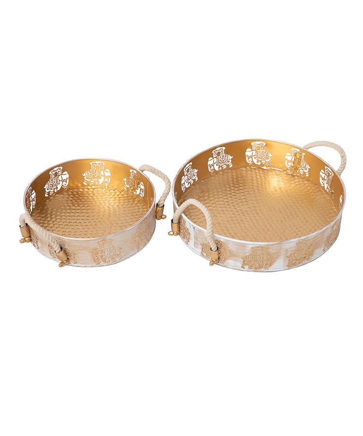 Gold & White Round Elephant Trays Set Of Two