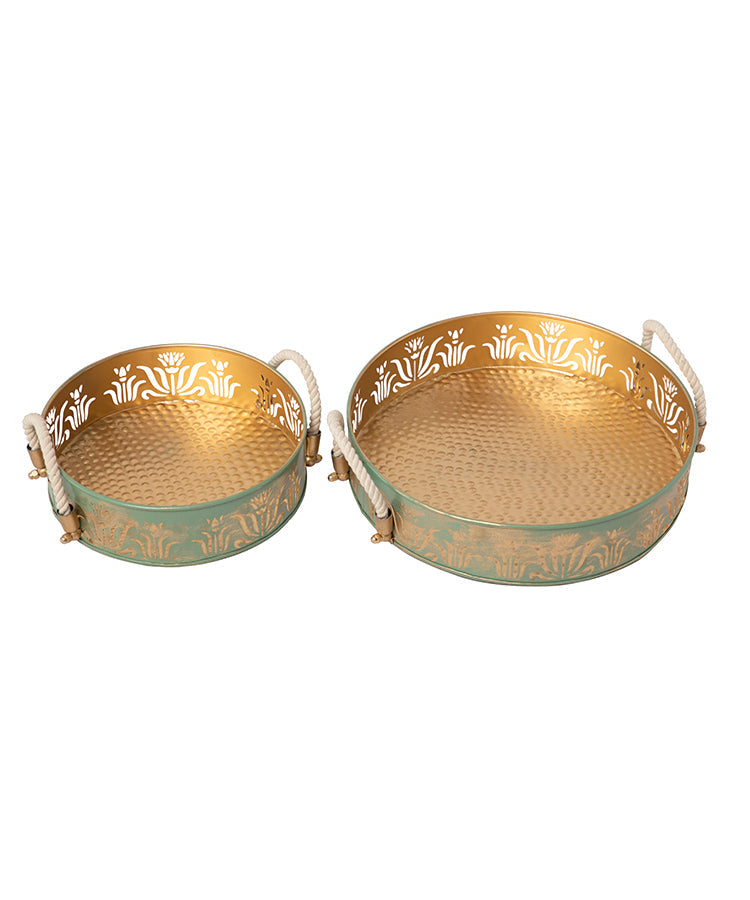 Green & Gold Round Lotus Trays - Set Of 2