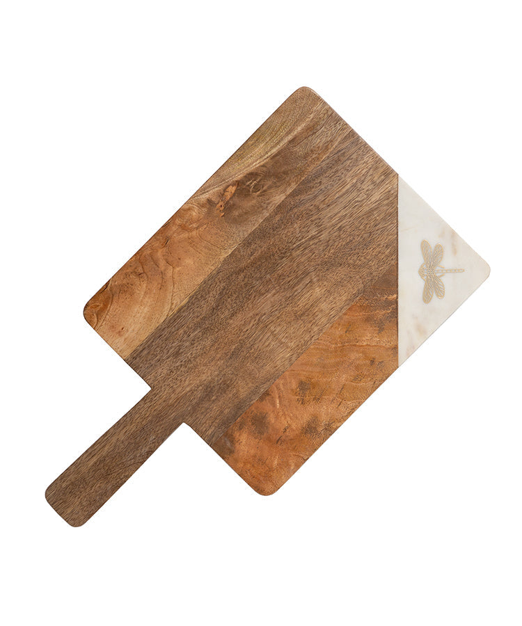 Wood And Marble Rectangle Platter with Dragonfly Motif
